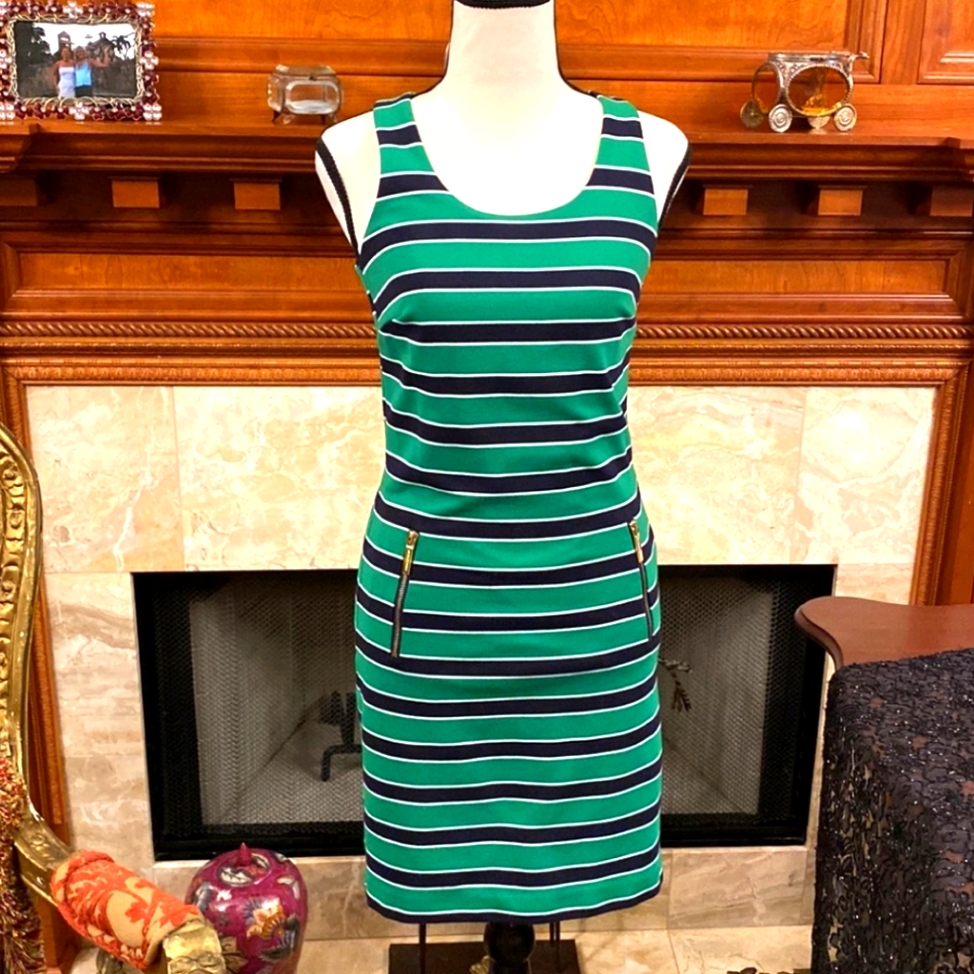 Michael Michael Kors Striped Shift Dress, Black And Green, Gold Hardware
